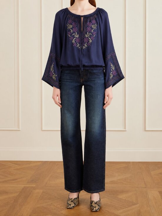 Blue Tassel Tops - Silk Georgette Embroidered Blouse (0419)